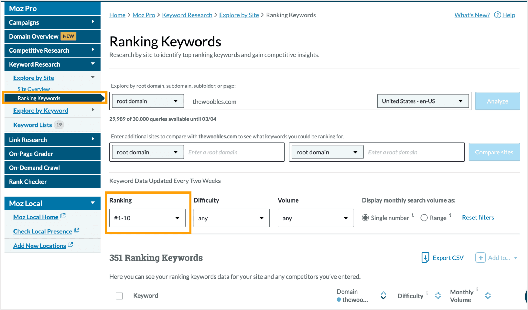 Set the Ranking filter to #1-10 and click Apply to update the list of keywords.