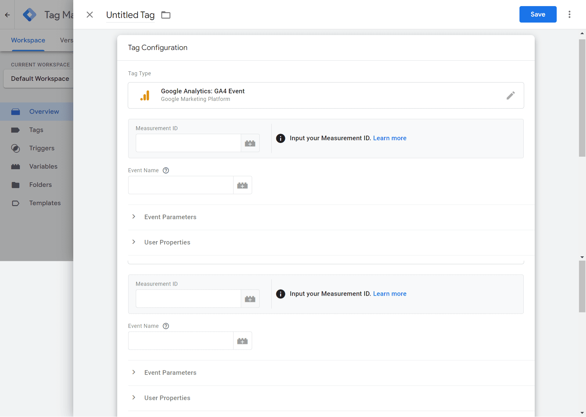 Tag configuration menu in Google Tag Manager.