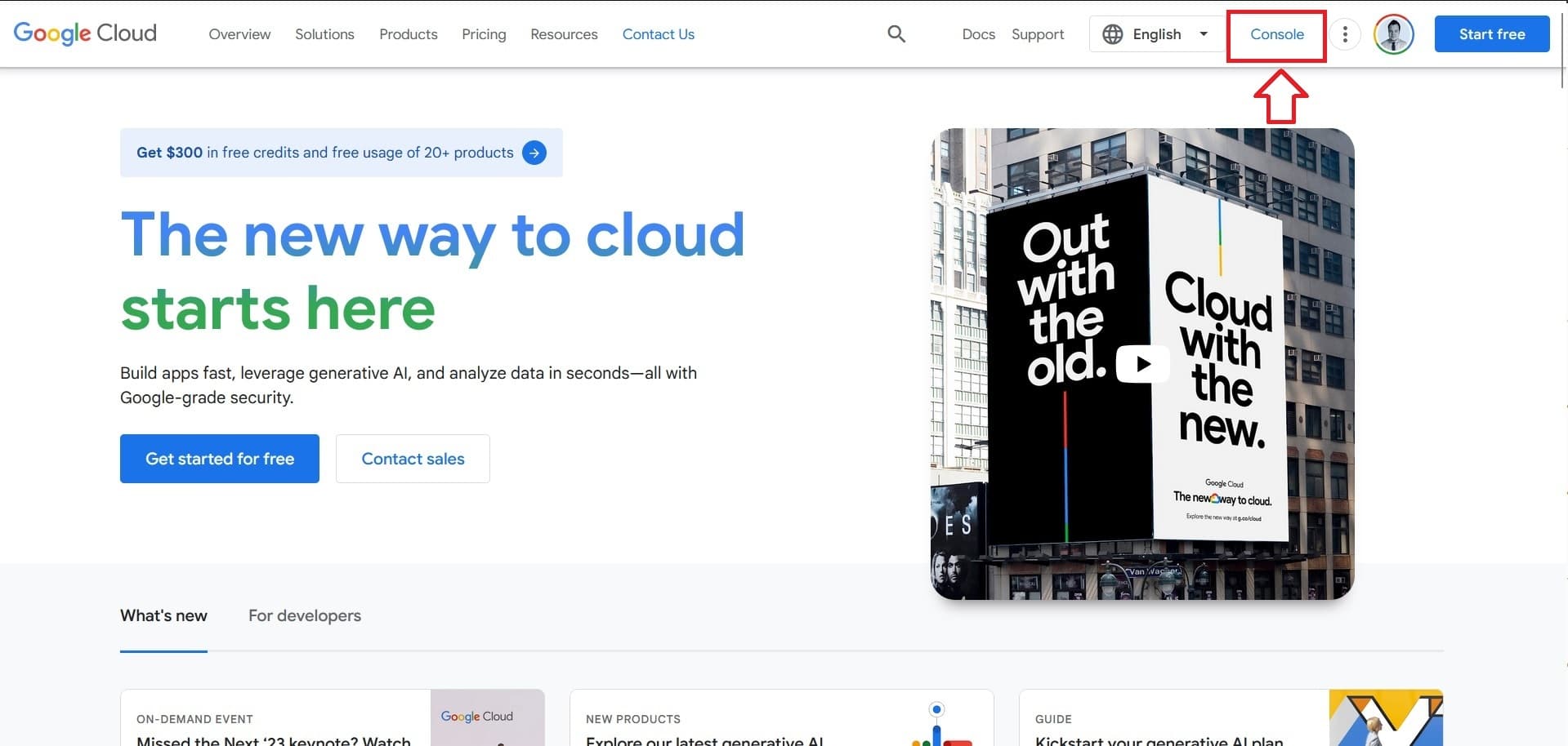 The Homepage of Google Cloud where you can find the console button.