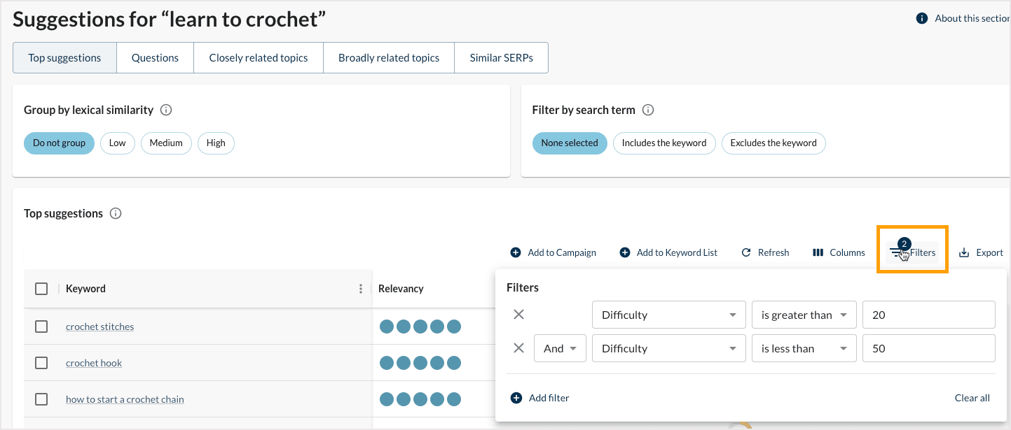 The Keyword Suggestions section of Keyword Explorer offers the ability to find new keyword opportunities to track and target.