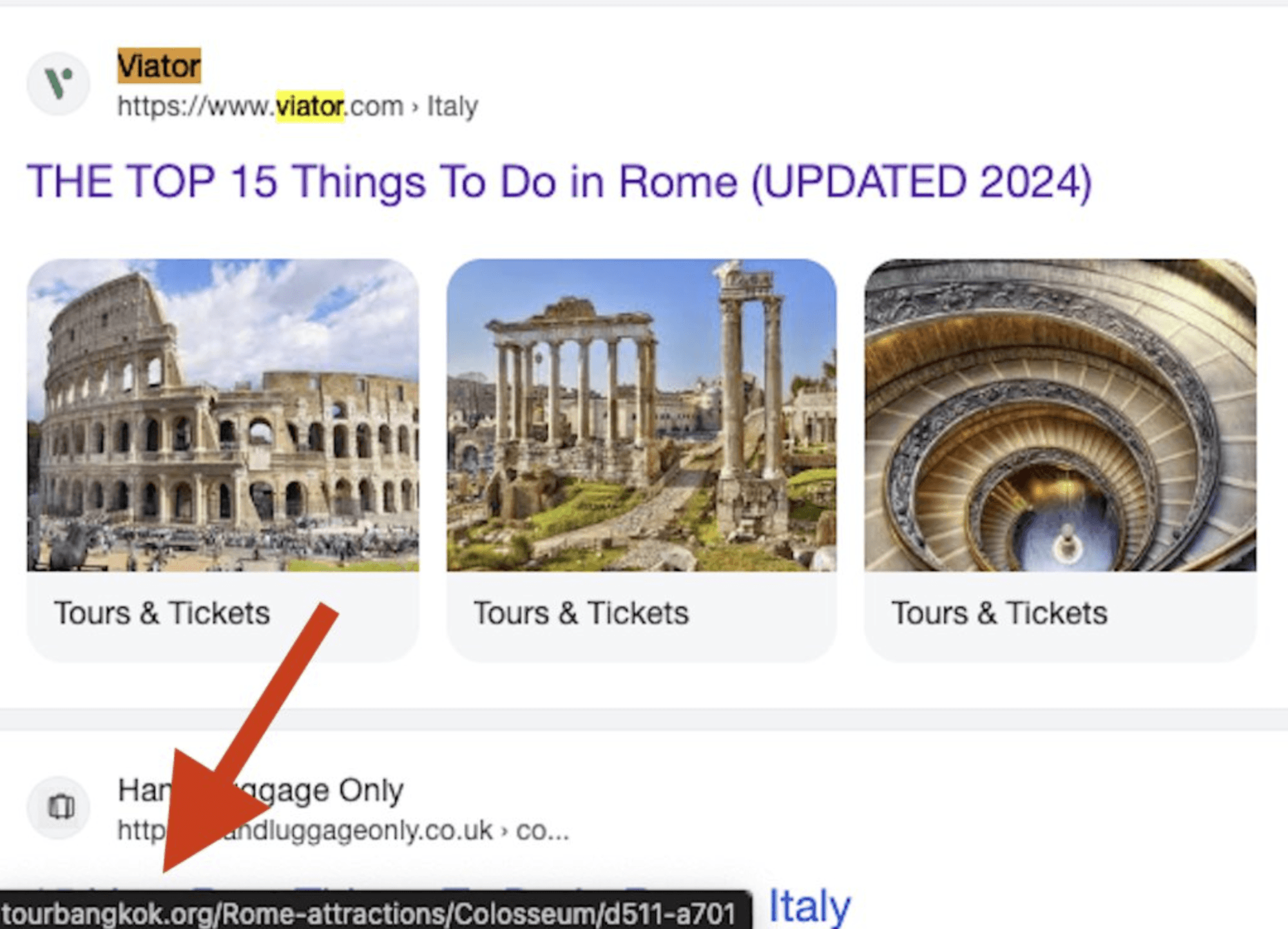 The URL of a mirror site reveals that it does not actually belong to the travel brand it is imitating.