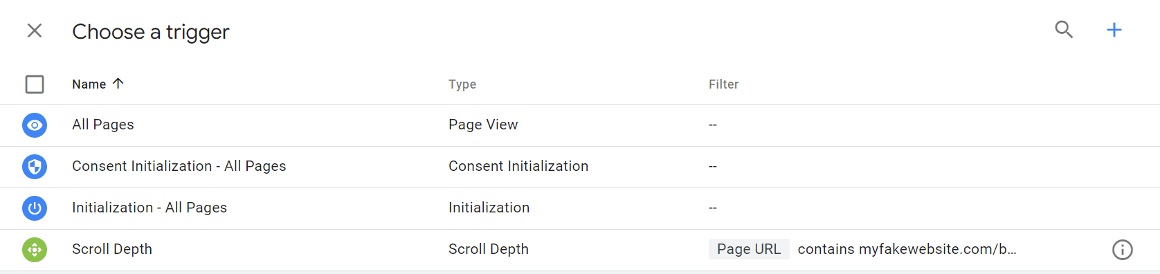Trigger type menu in Google Tag Manager.