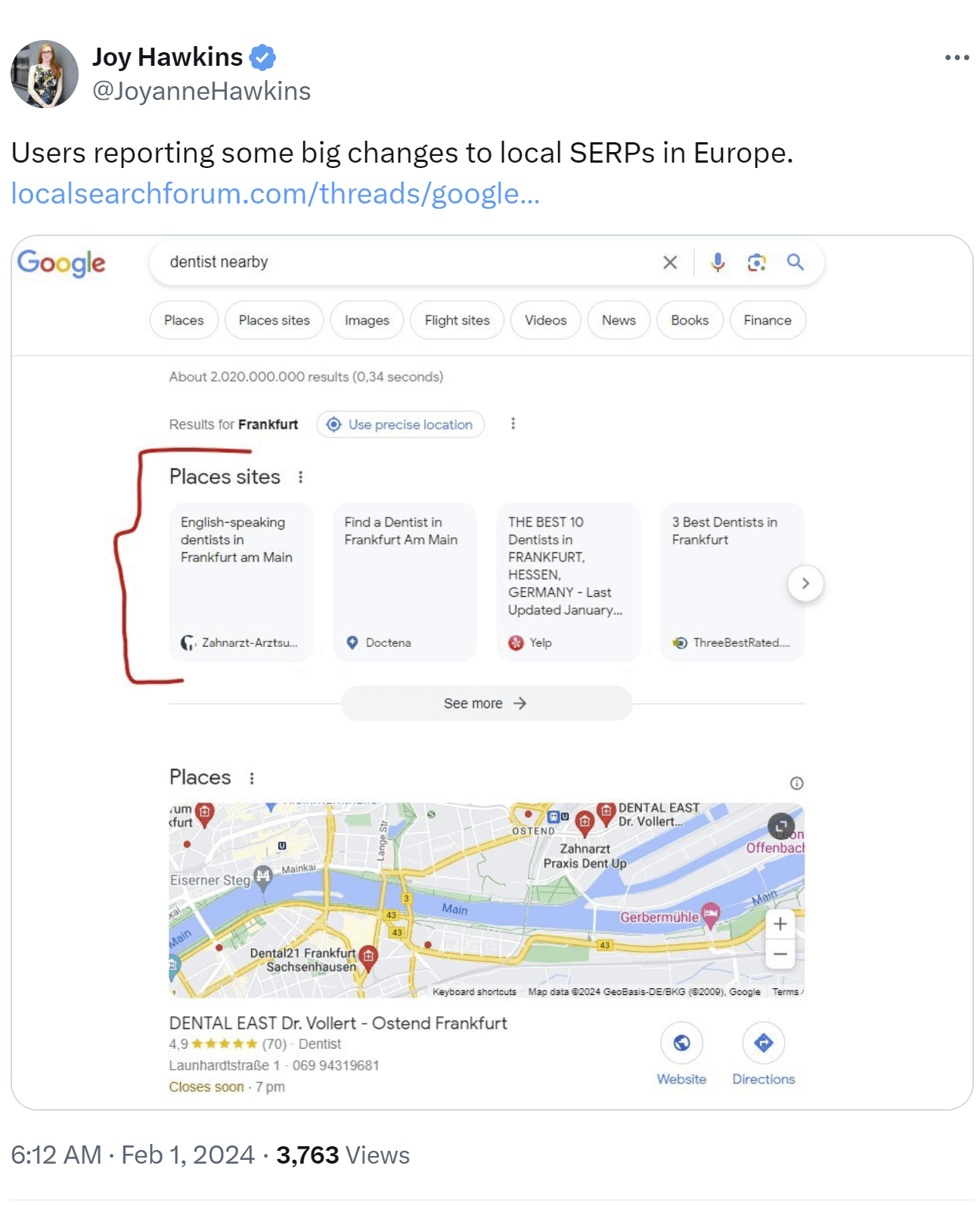 Tweet showing local SERP in Europe beginning with a feature labled "Places Sites" instead of with a local pack
