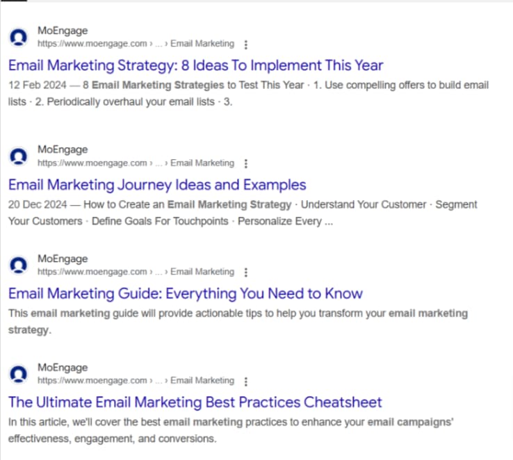 Screenshot showing a website with multiple pages targeting the same search intent