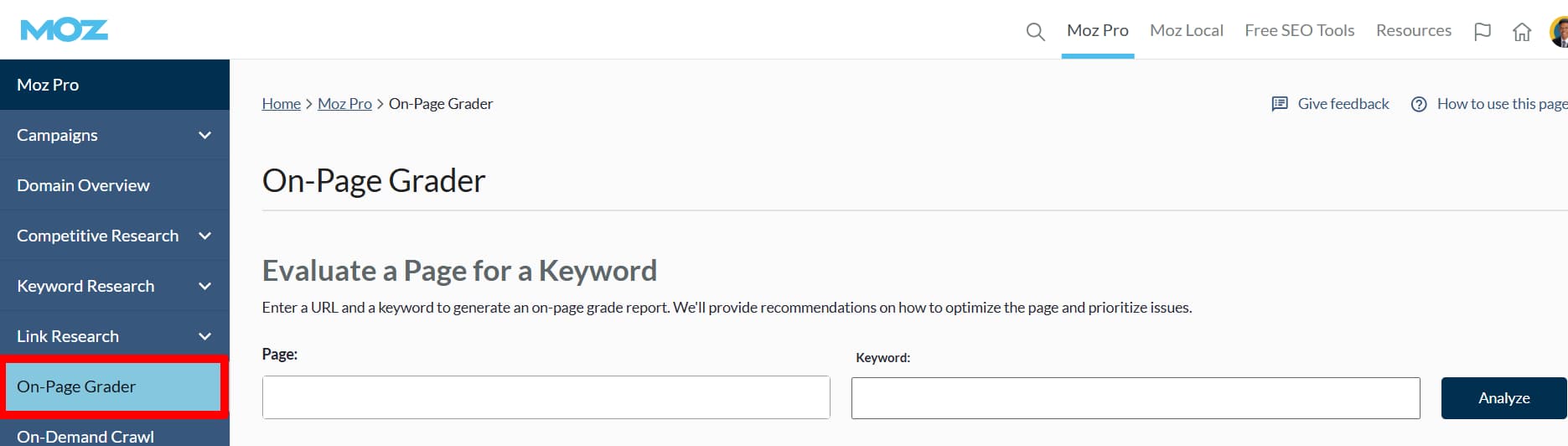 Moz on-page grader