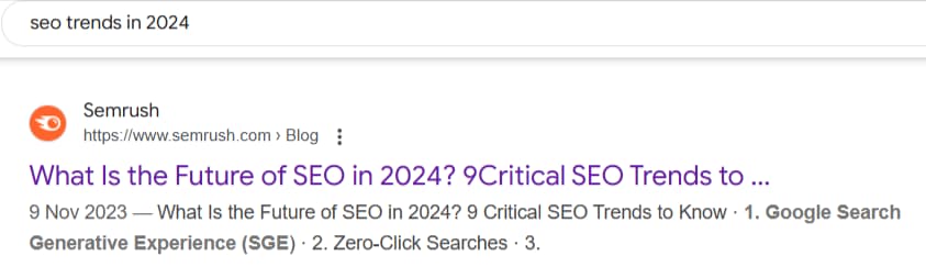 Search result page for SEO trends in 2024