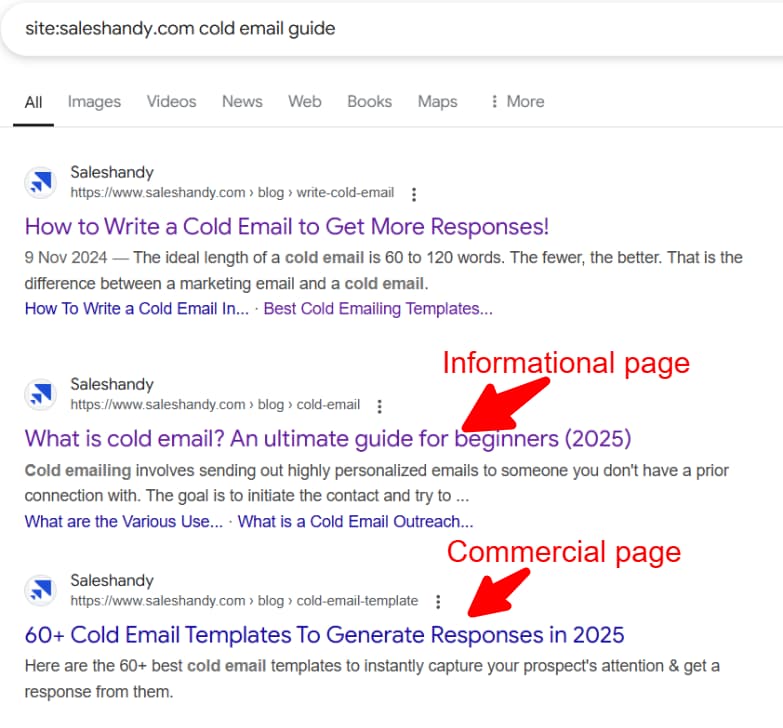 Search result page for site:saleshandy.com cold email guide.