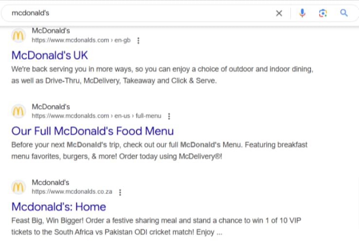 Google search result page for McDonald's