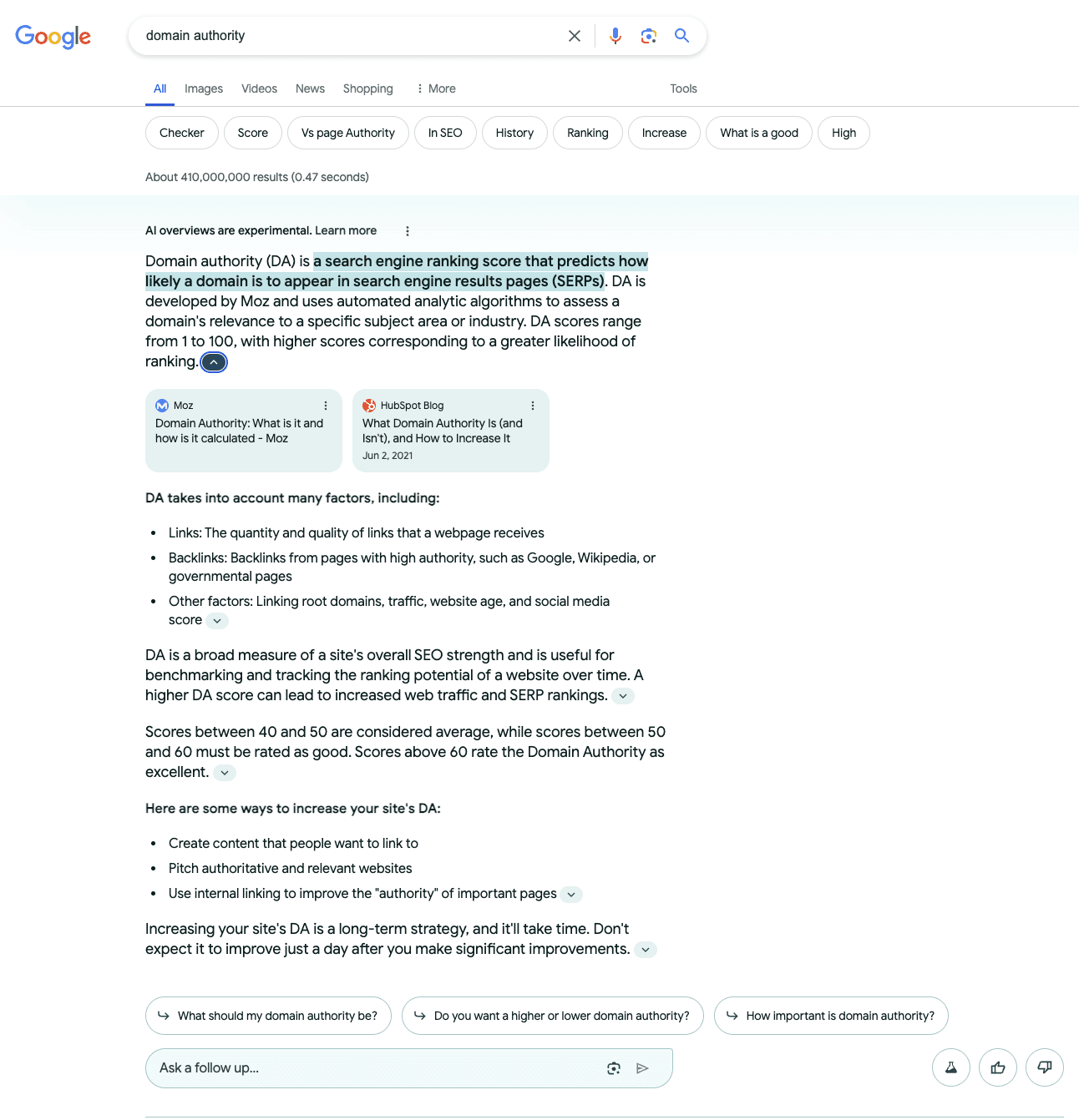 a screenshot of a Google Search result for domain authority (highlighting the Search Generative Experience) result.