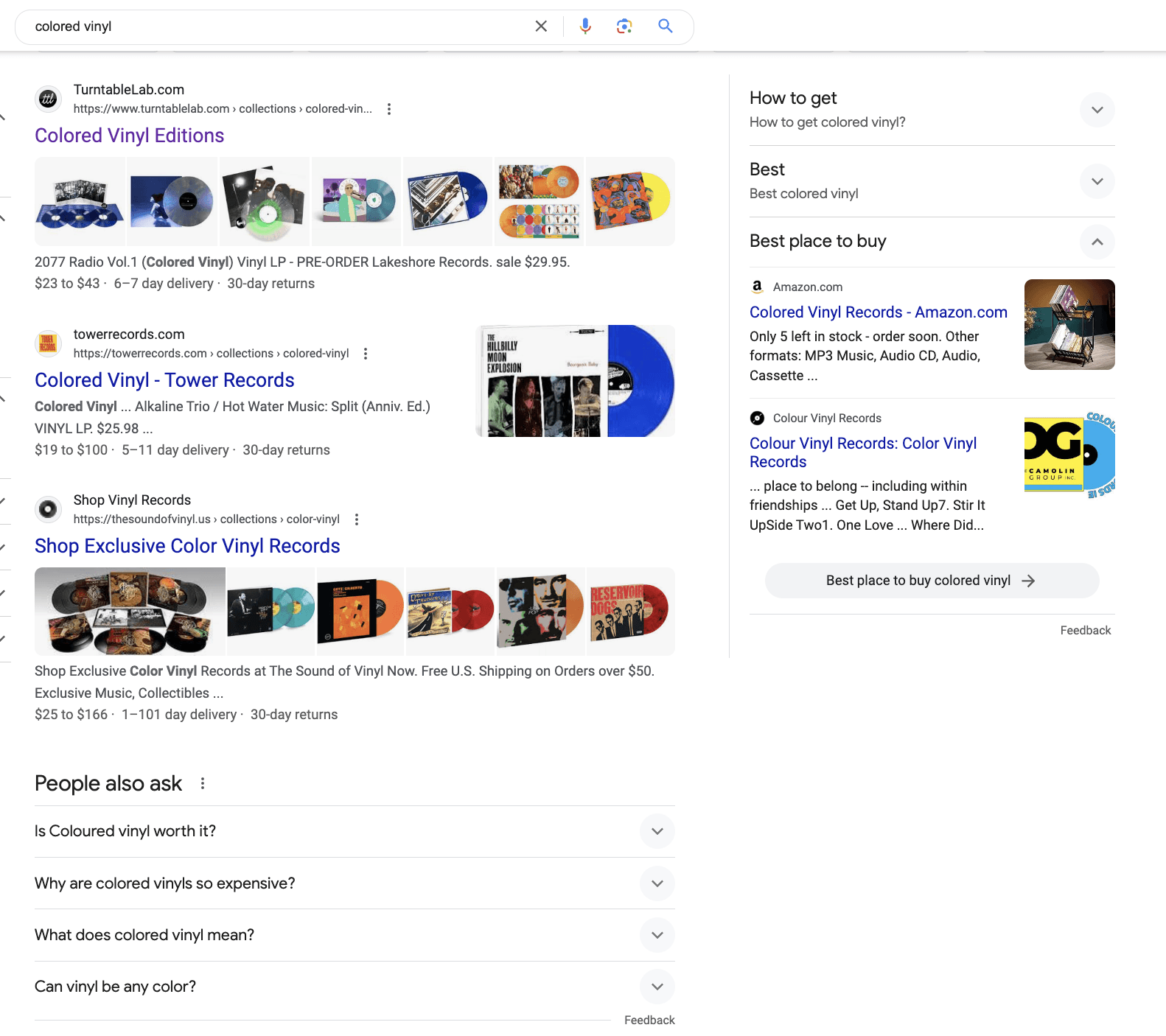 a screenshot of a Google search result for the query 'colored vinyl.' It includes a variety of images in the results.