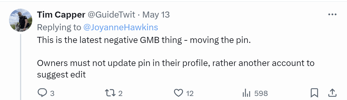 a user shares that, instead of attempting to correct pin placement yourself, you should do it via a non-business-owned account to avoid suspension, using the suggest an edit function