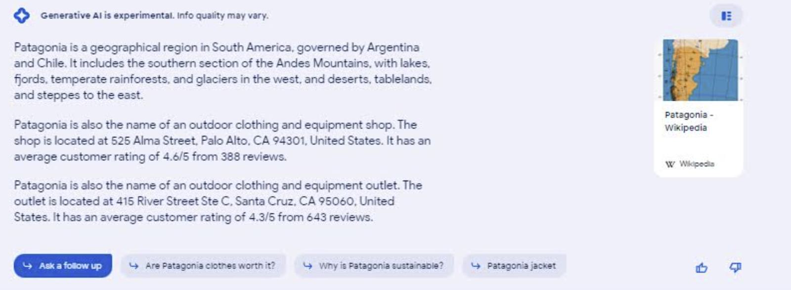 a search for patagonia reveals SGE's uncertainty as to whether the intent of the search is to find a store or read about a geographic region