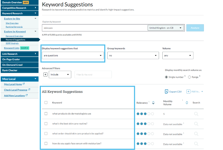 Screenshot from Moz Pro’s Keyword Suggestions report to demonstrate how a user can find topic inspiration to build topical authority.