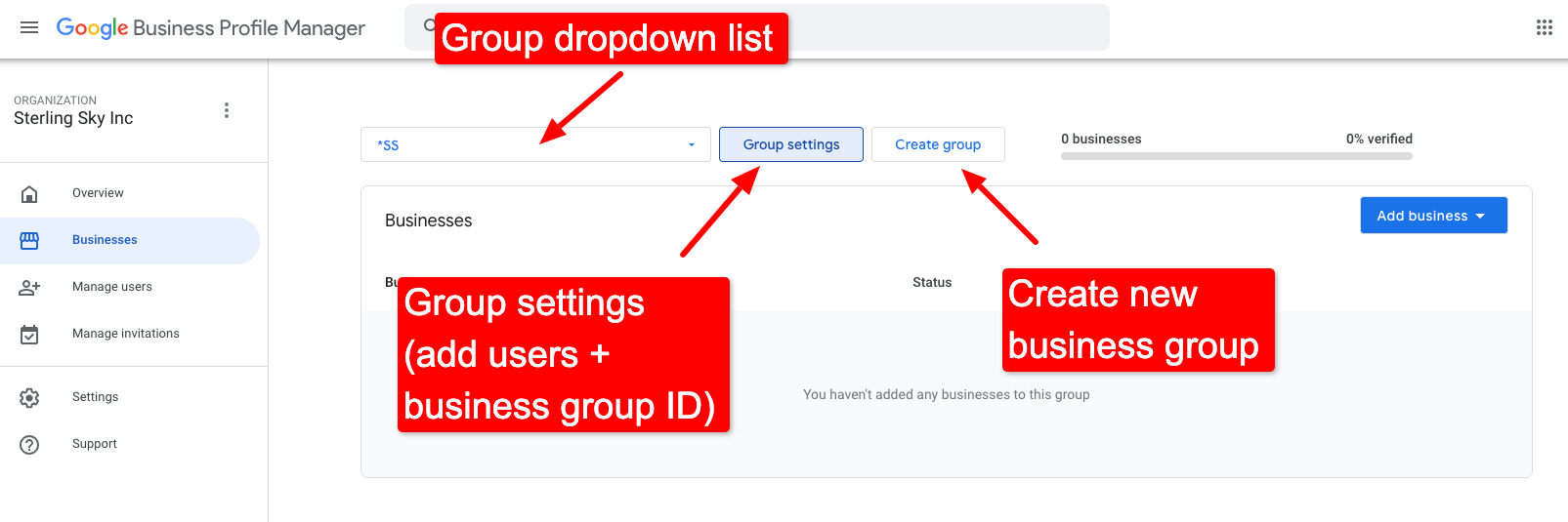 Screenshot of GBP showing how to get started with creating a new group.