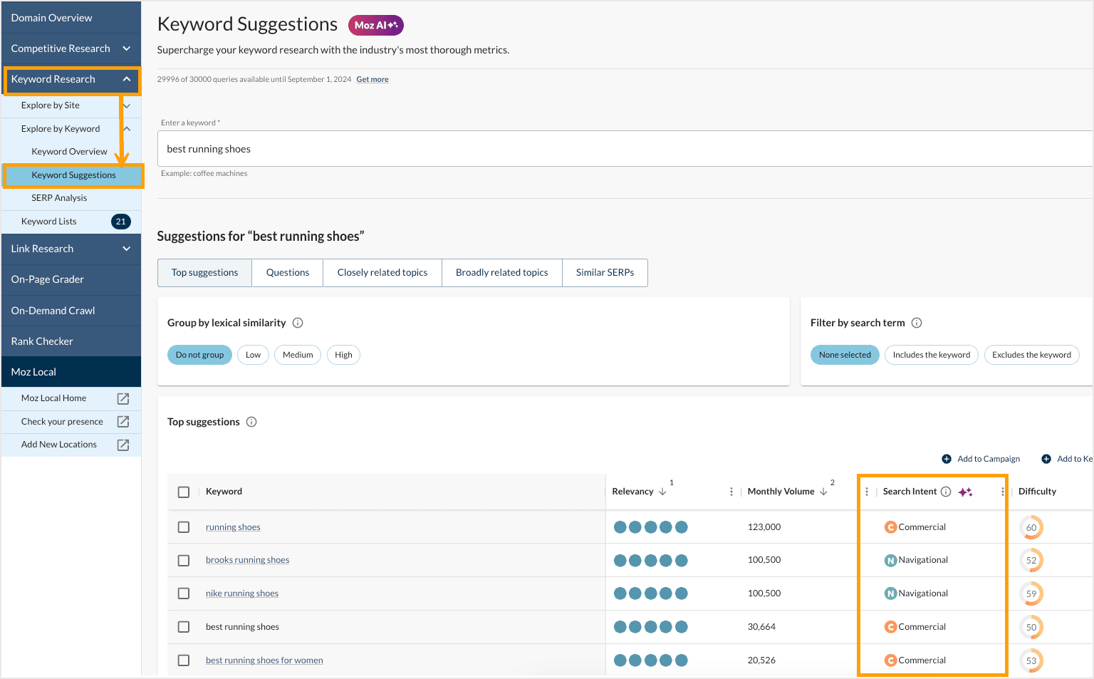 Screenshot of Keyword Suggestions and the Search Intent feature
