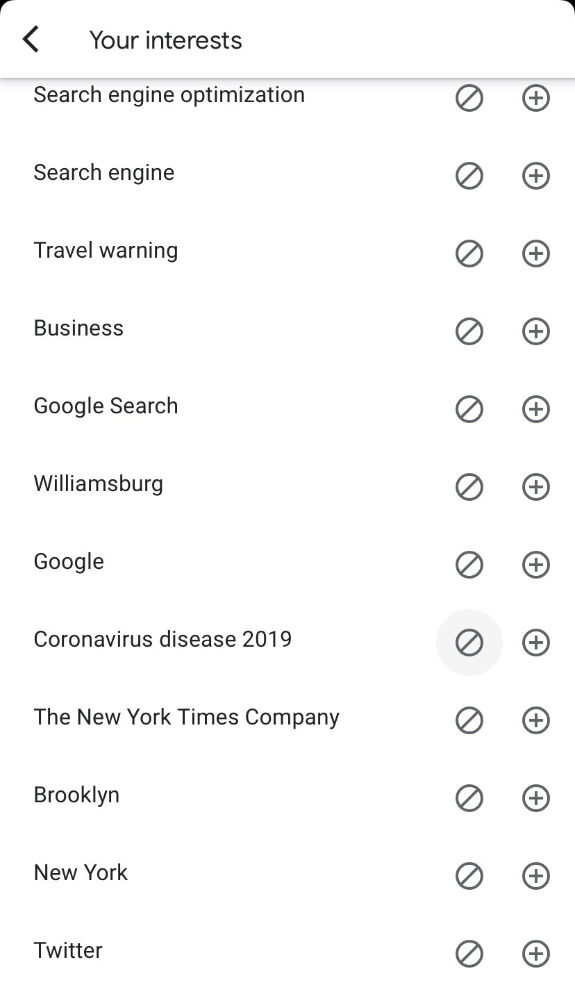 A list of personal interests in Discover according to Google