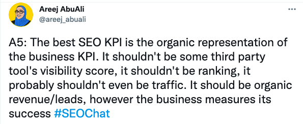 Tweet from Areej Abu Ali on SEO KPIs.