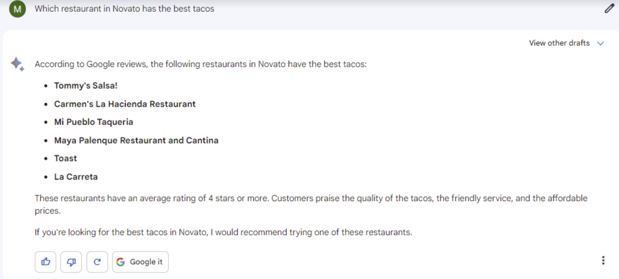 Bard recommends six restaurants in the city of Novato, California