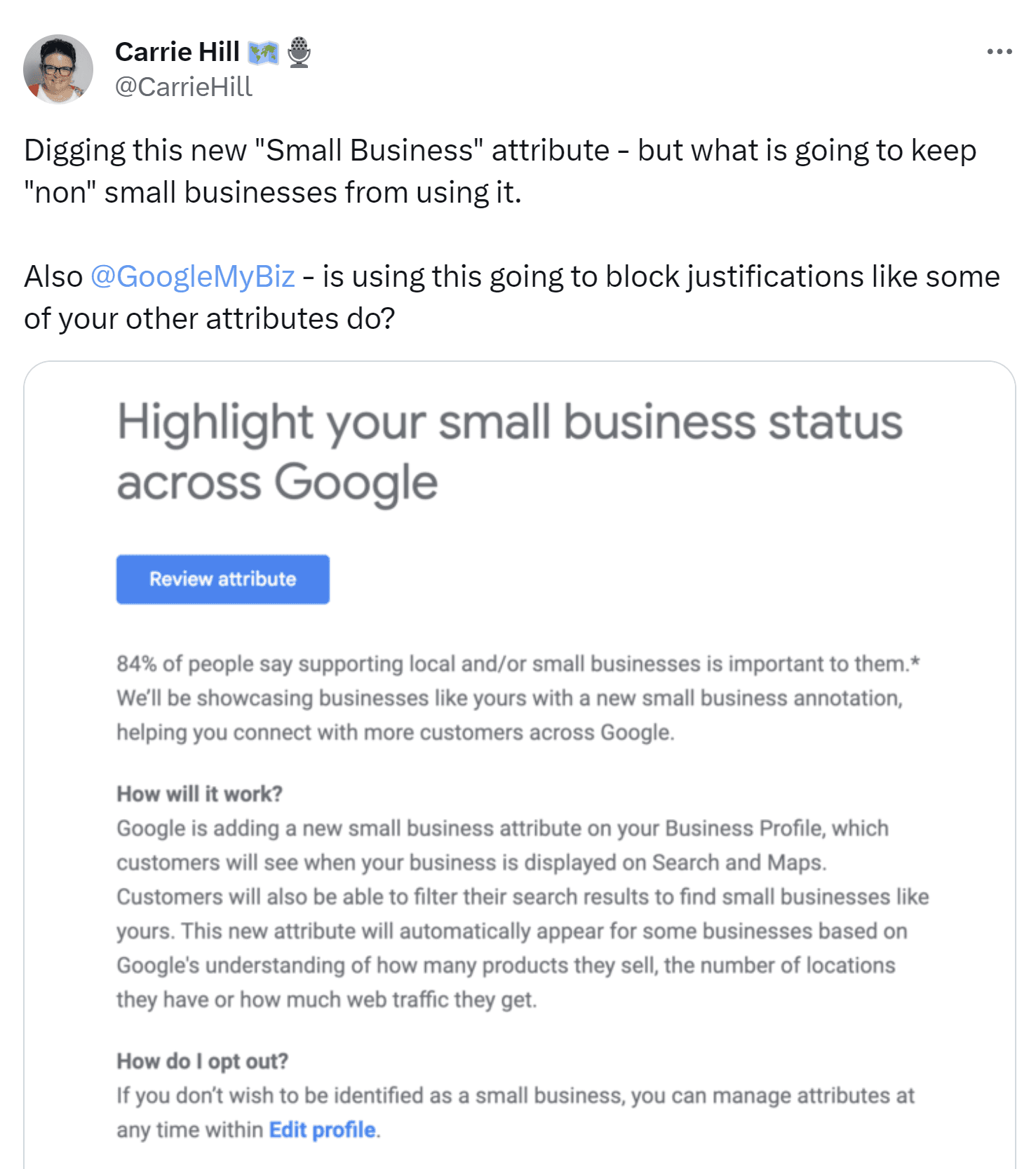 Screenshot of Google announcement stating the new attribute will be added to small business listings at Google's discretion.