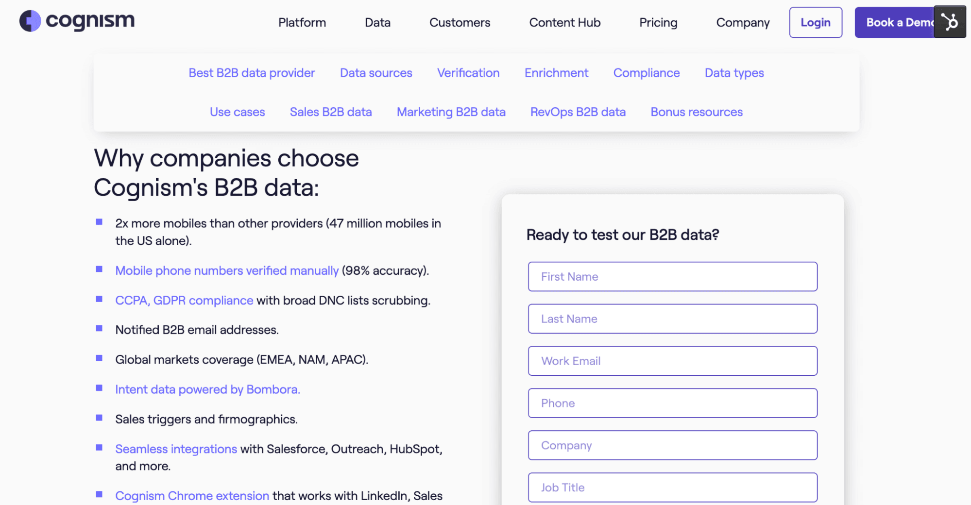 Cognism's B2B Data money keyword page after it was optimized for conversions
