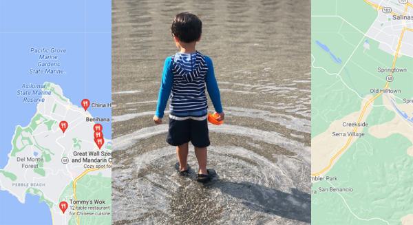 Boy looking down ripples in water overlayed on a map of California.