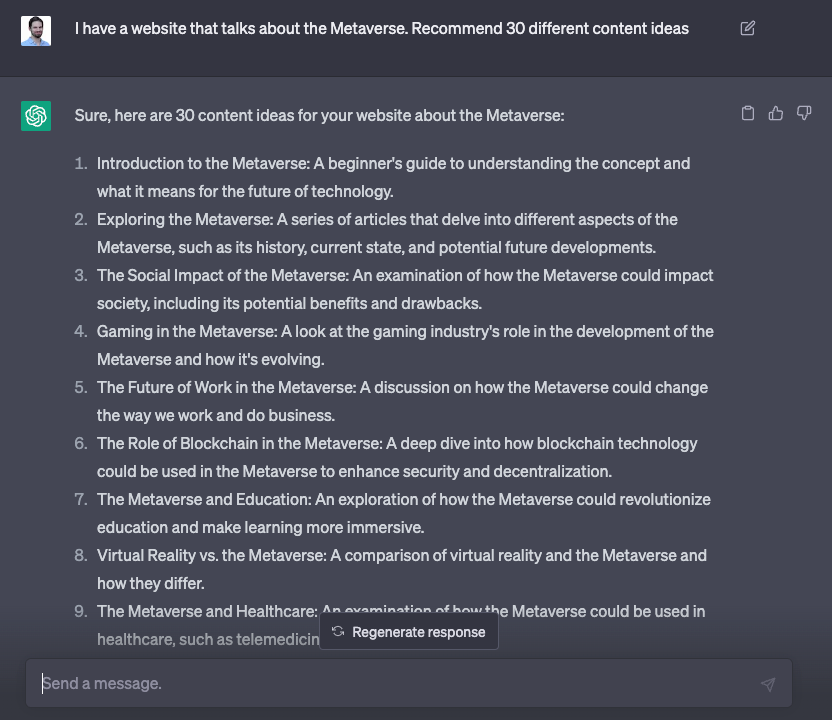 Prompting ChatGPT to give topic ideas for content.