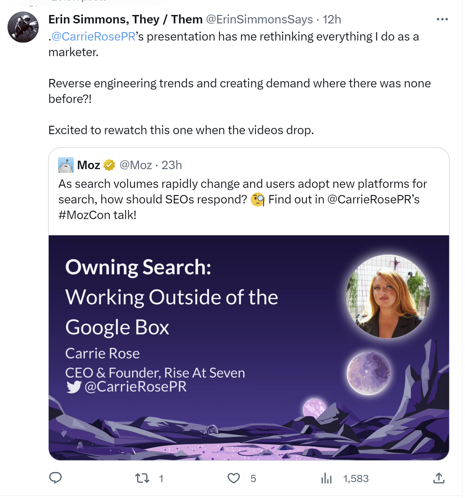 Tweet from MozCon attendee says they will need to get the video bundle to re-watch presentations like those given by speaker Carrie Rose.