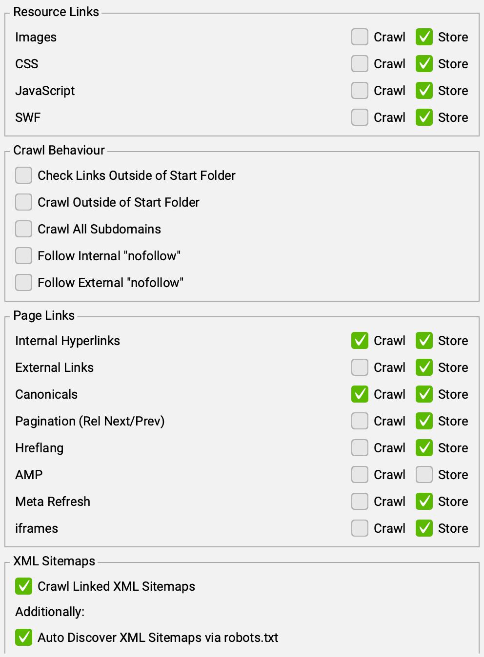 screenshot of recommended crawl configuration settings in Screaming Frog for auditing JavaScript SEO issues