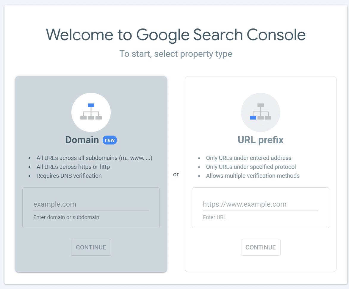 Menu in Google Search Console to create a new property.