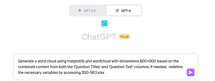 A screenshot displaying the prompt to create a word cloud, entered in ChatGPT with the Noteable plugin activated.