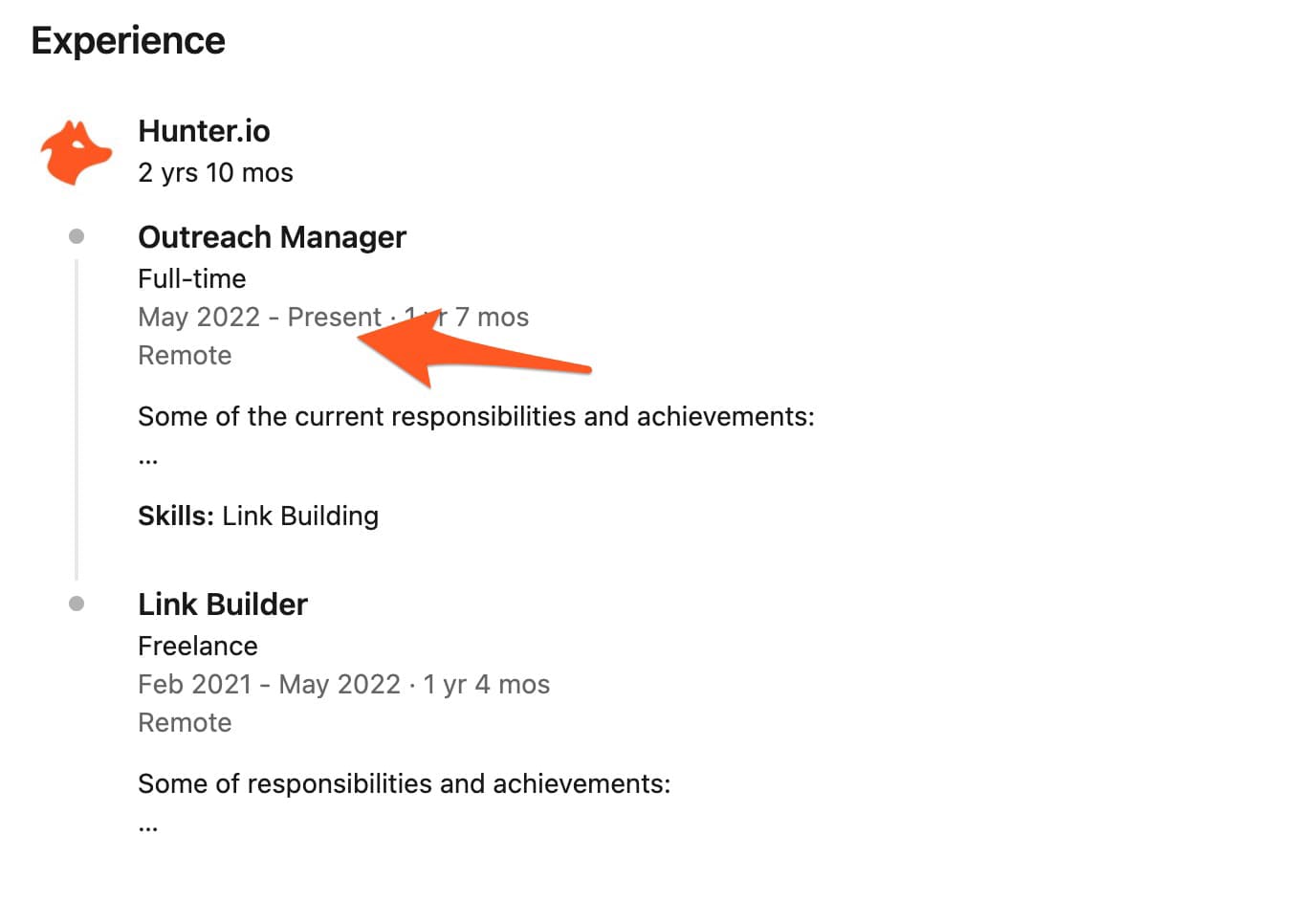 Experience tab on LinkedIn