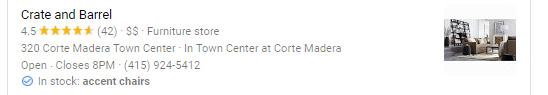 Crate and Barrel business listing with in stock justification.