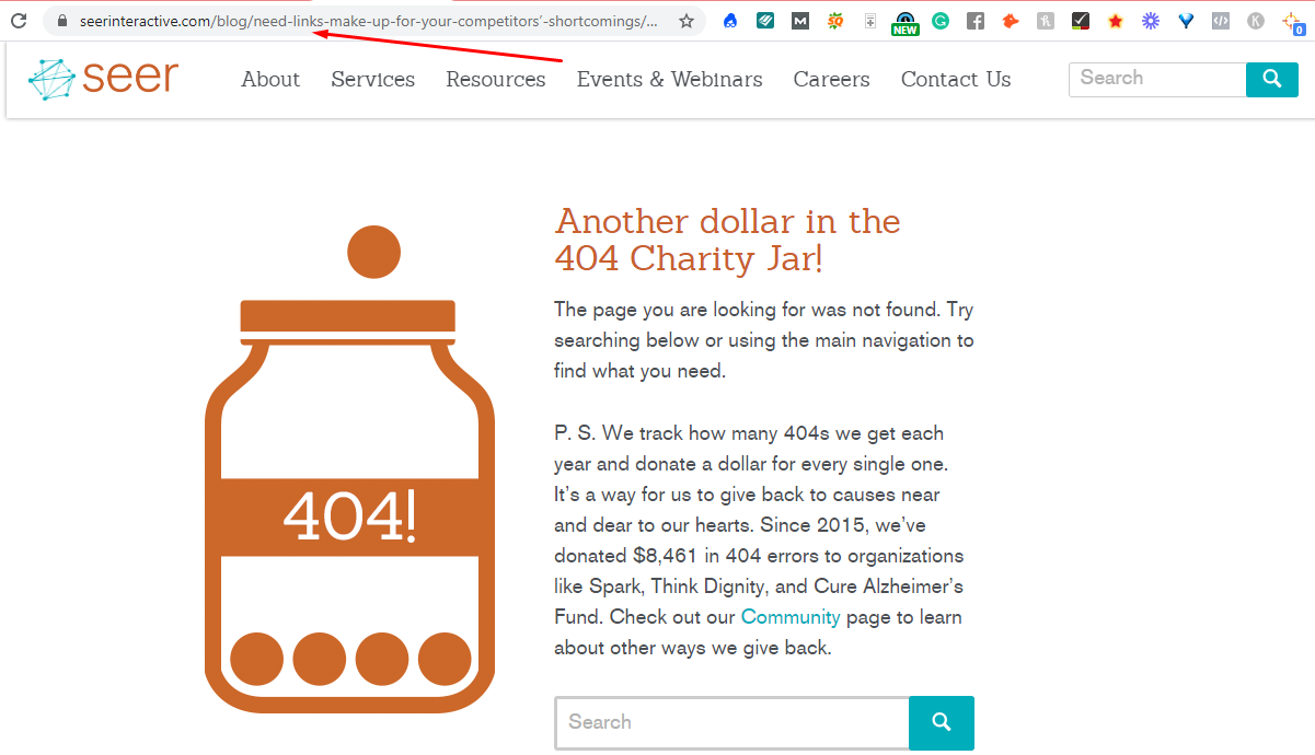 404 page on seerinteractive.com saying 'Another dollar in the 404 charity jar!'