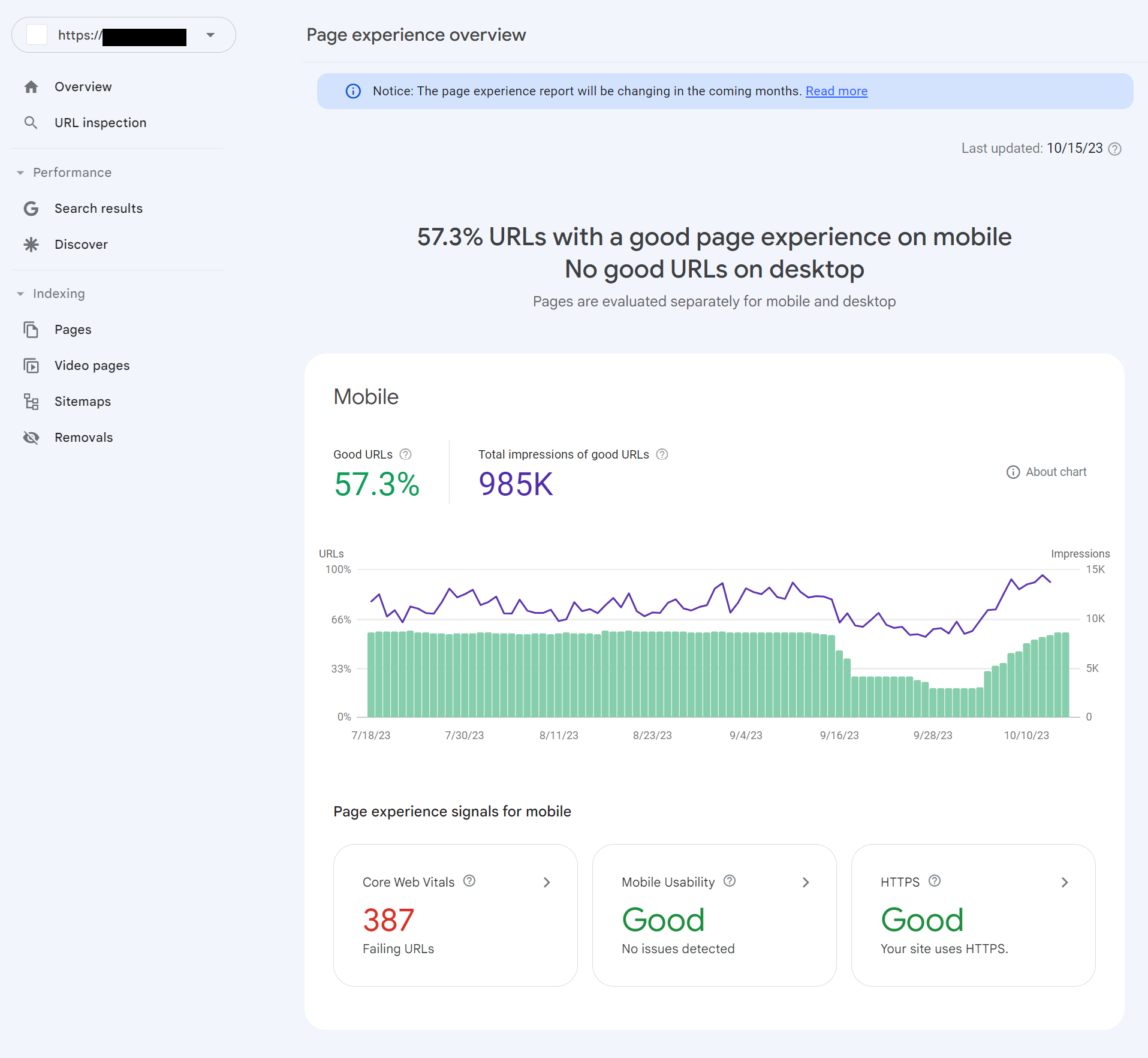 Page experience overview report in Google Search Console.