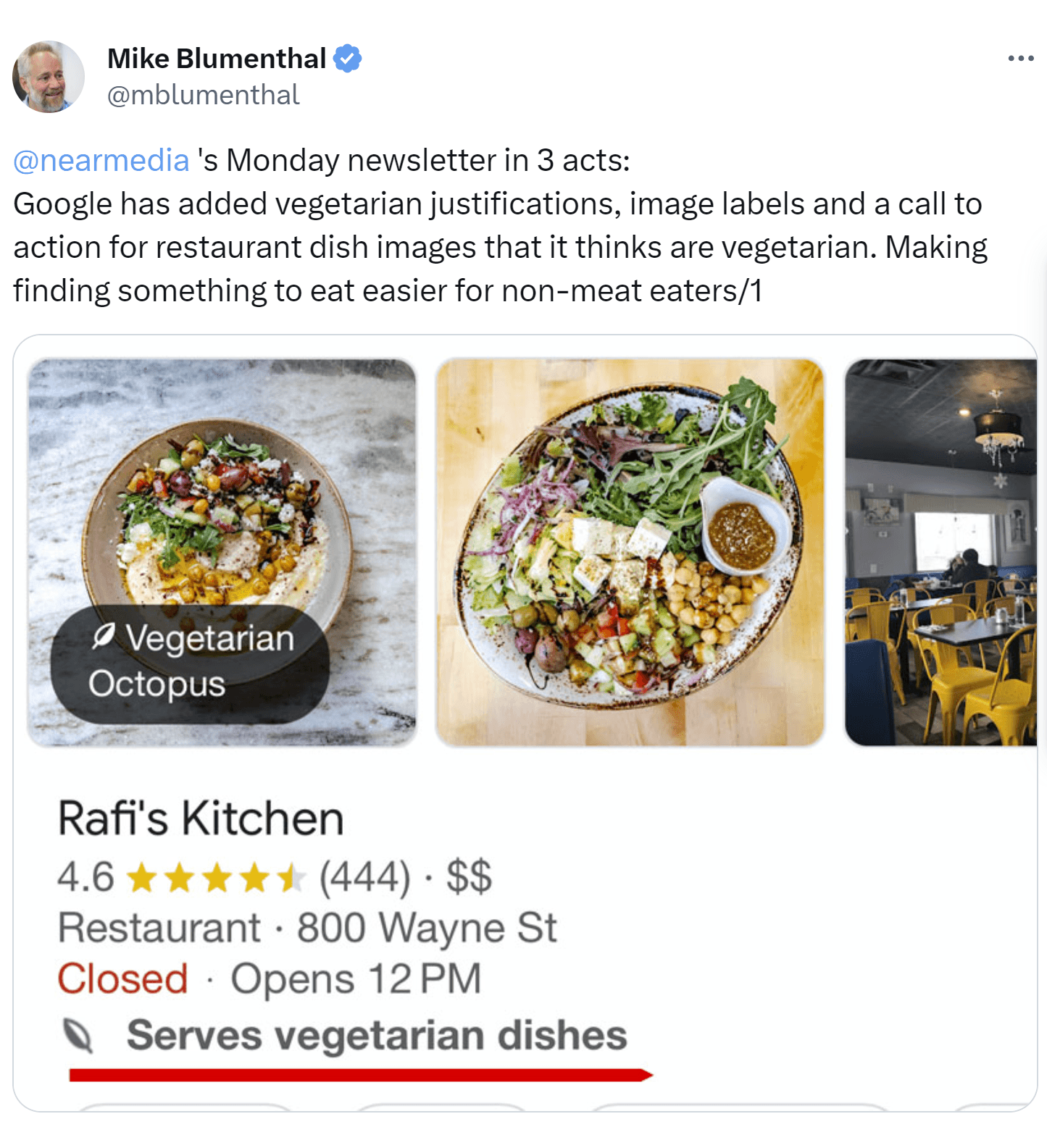 Screenshot of listing with "serves vegetarian dishes" justification.