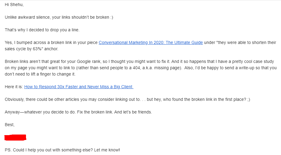 Outreach email helping to identify broken links