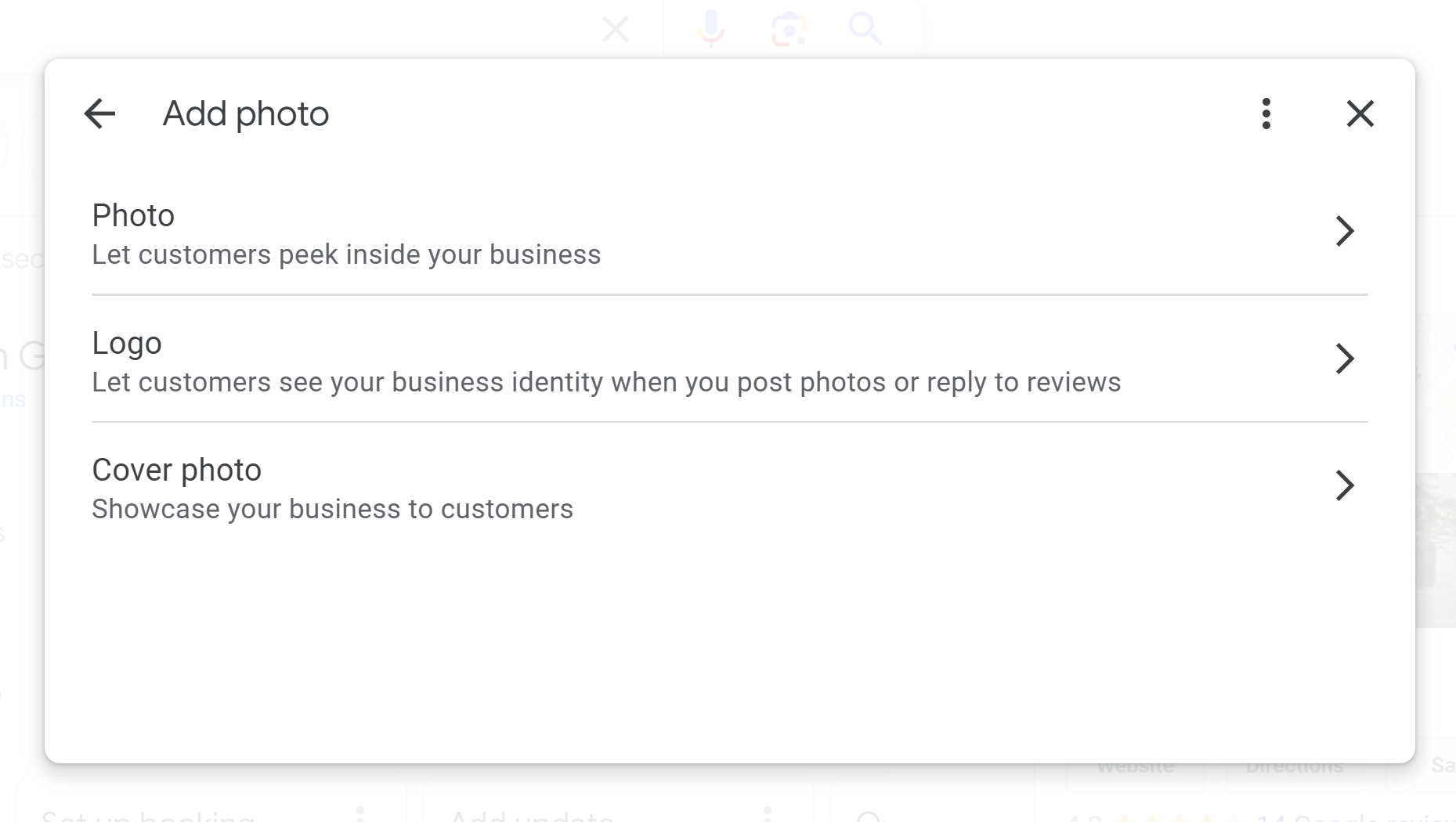 A screenshot of the New Merchant Experience that lets you add your cover photo to the Google Business Profile.