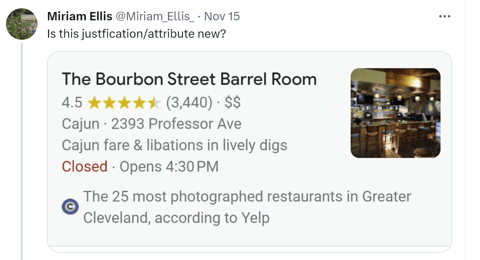 Screenshot of listing justification reading "The 25 most photographed restaurants in Greater Cleveland, according to Yelp."