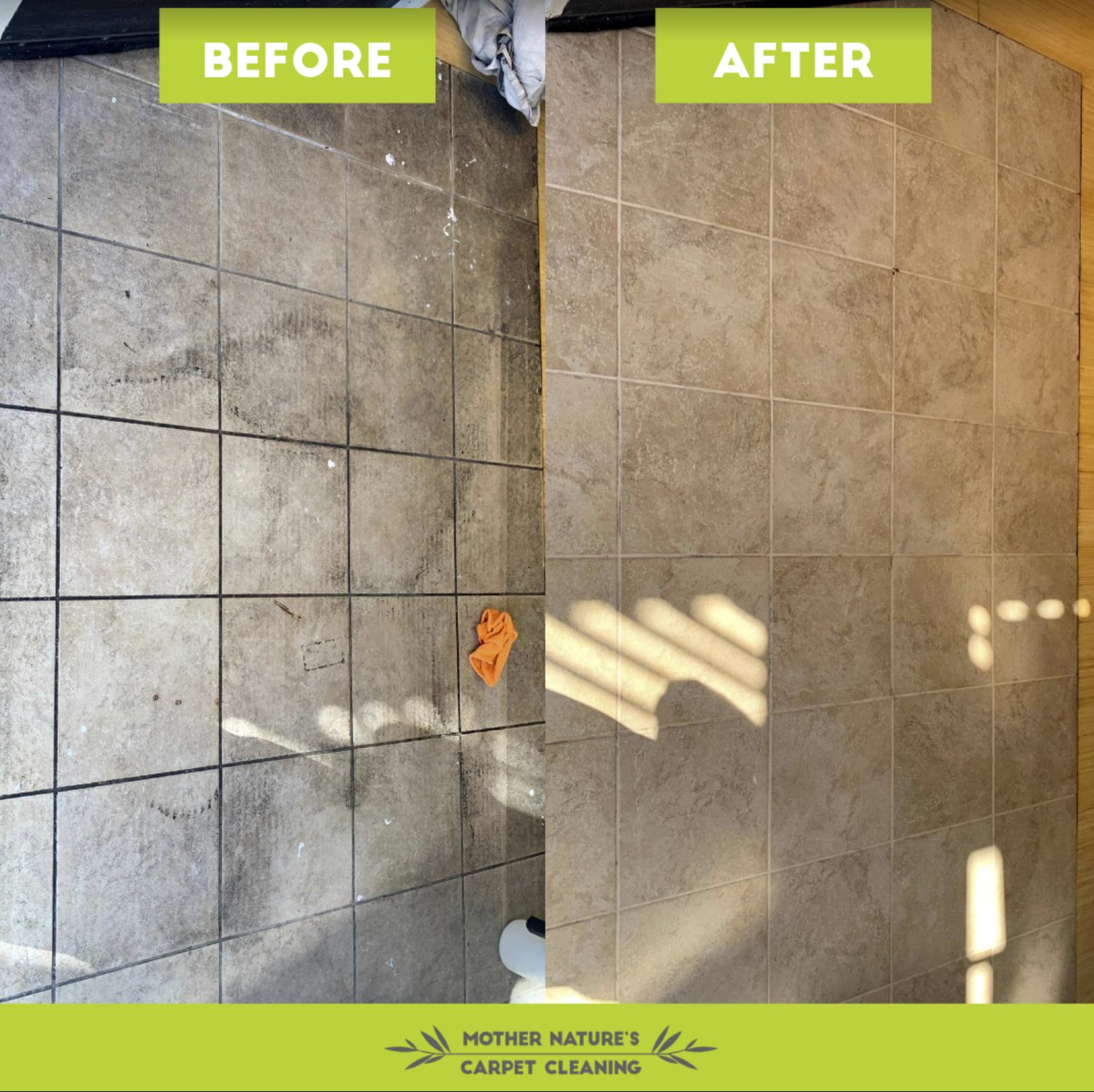Before-and-after image of a dirty floor made clean