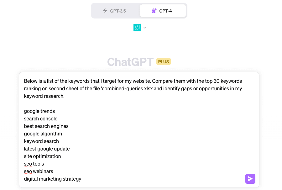 Screenshot displaying a sample prompt entered in ChatGPT for the gap analysis task, with the Noteable plugin activated.