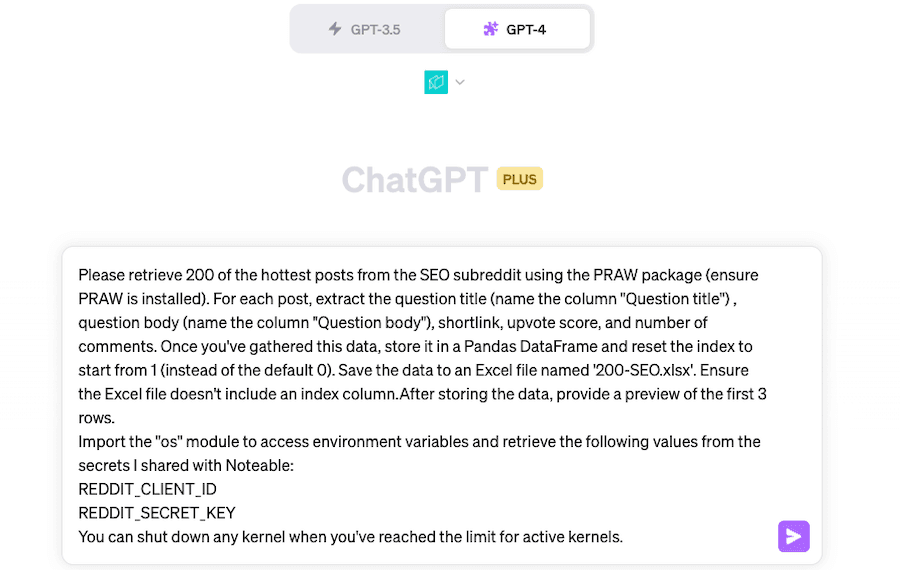 Screenshot displaying a sample prompt entered in ChatGPT, with the Noteable plugin activated.