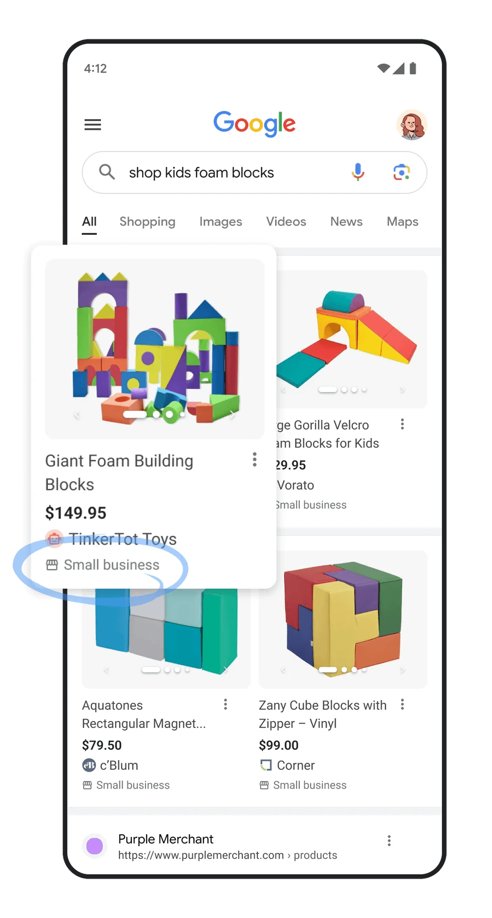 A product listing with the small business attribute.