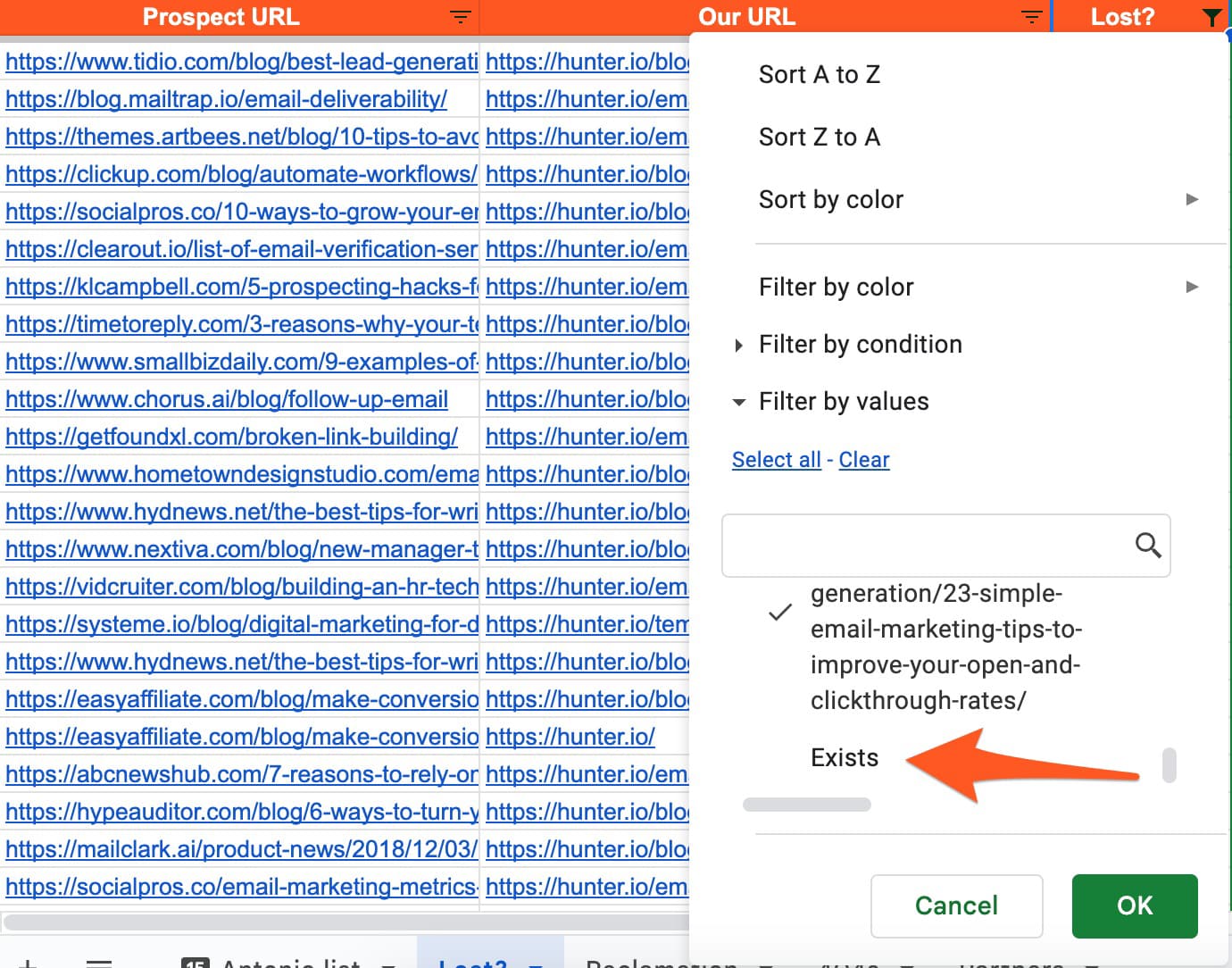 Filtering in the results spreadsheet