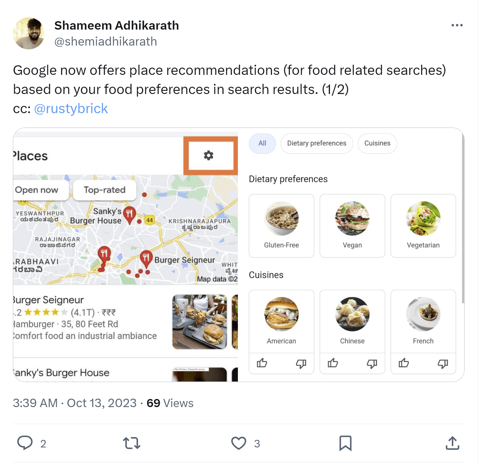 Screenshot of gear icon that lets you select dietary preferences.