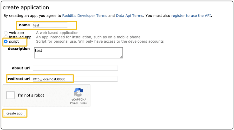 Screenshot displaying the "create application" form on Reddit.