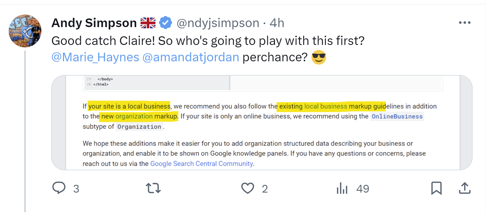 Google mentions that local businesses can use both the existing local business markup plus the new organization markup.