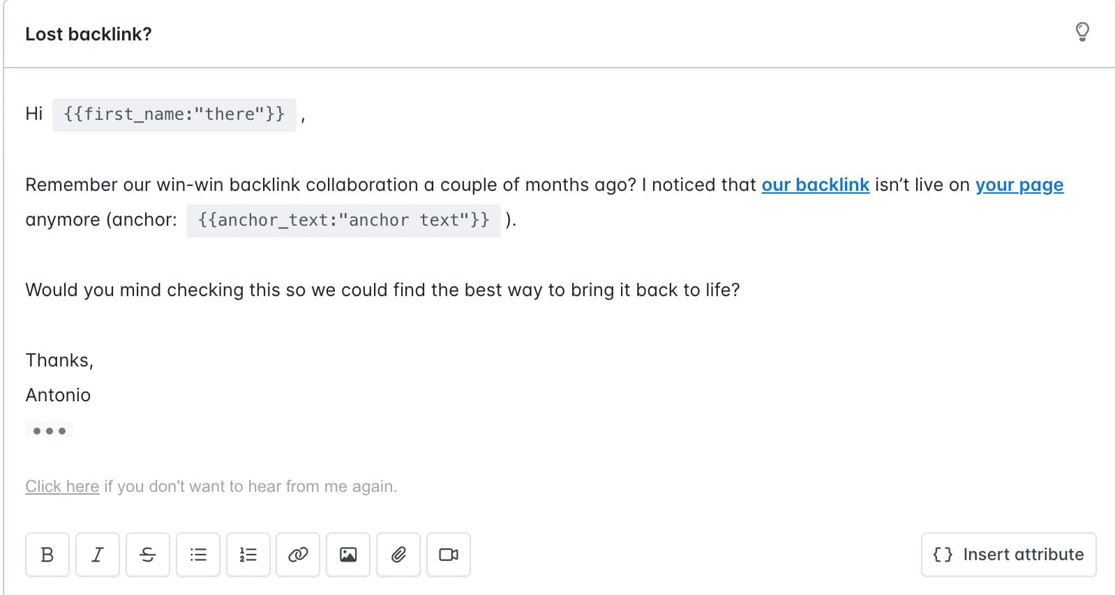Email copy for link reclamation