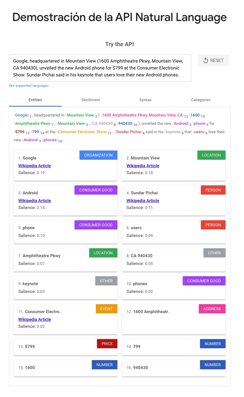 Example from API Natural Language by Google