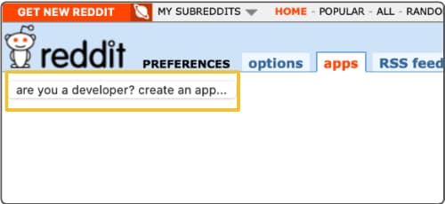 Screenshot showing the Reddit Preferences page with a button labeled "are you a developer? create an app..." at the top section