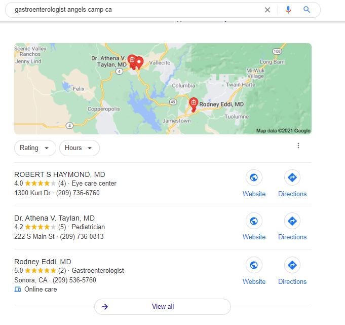 Google map result for 'gastroenterologist angels camp ca'.